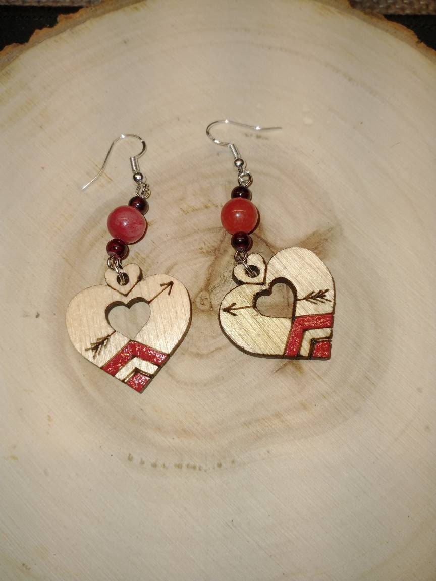 Wood earrings, Valentine's earrings, laser cut earrings.