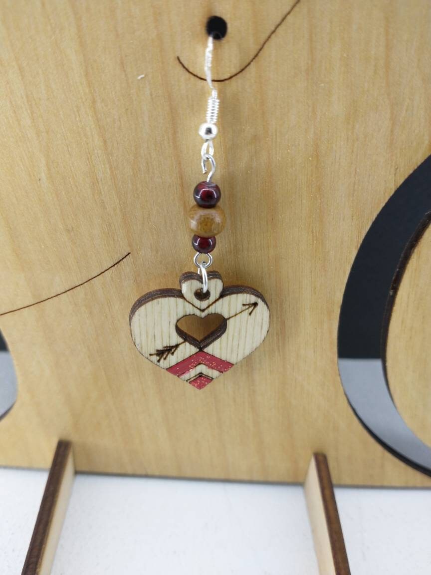 Wood earrings, Valentine's earrings, laser cut earrings.