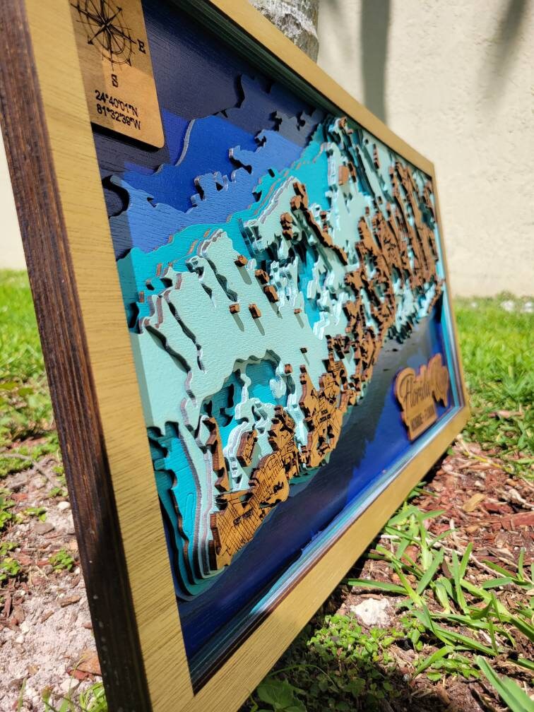 Florida keys map, upper keys  map, wood map , Florida map, laser cut map, Florida keys barometric wood map