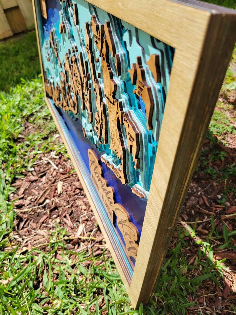 Florida keys map, upper keys  map, wood map , Florida map, laser cut map, Florida keys barometric wood map