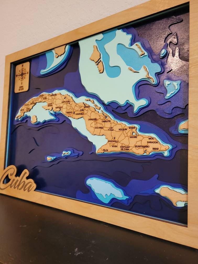 Cuba map, wood map, map, office map, decorative map, multylayer map