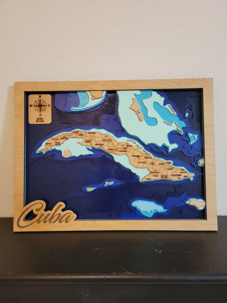 Cuba map, wood map, map, office map, decorative map, multylayer map